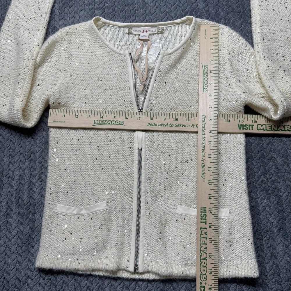 Chelsea & Violet XS Sequin Knit Zip Cardigan Ivory Wool‎ Blend Sparkle Party